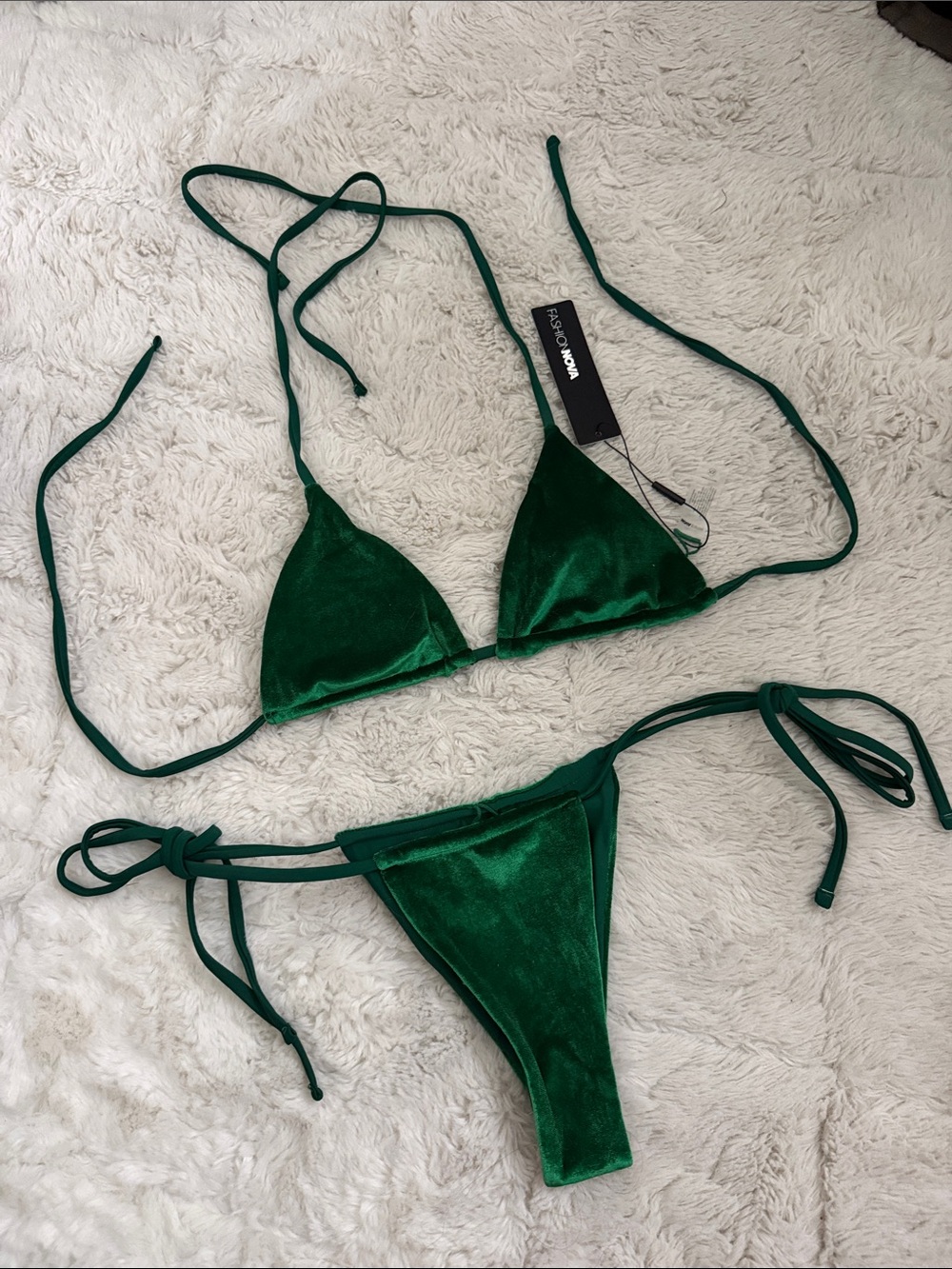 Fashion Nova Deep Green Velvet Triangle Tie Bikini